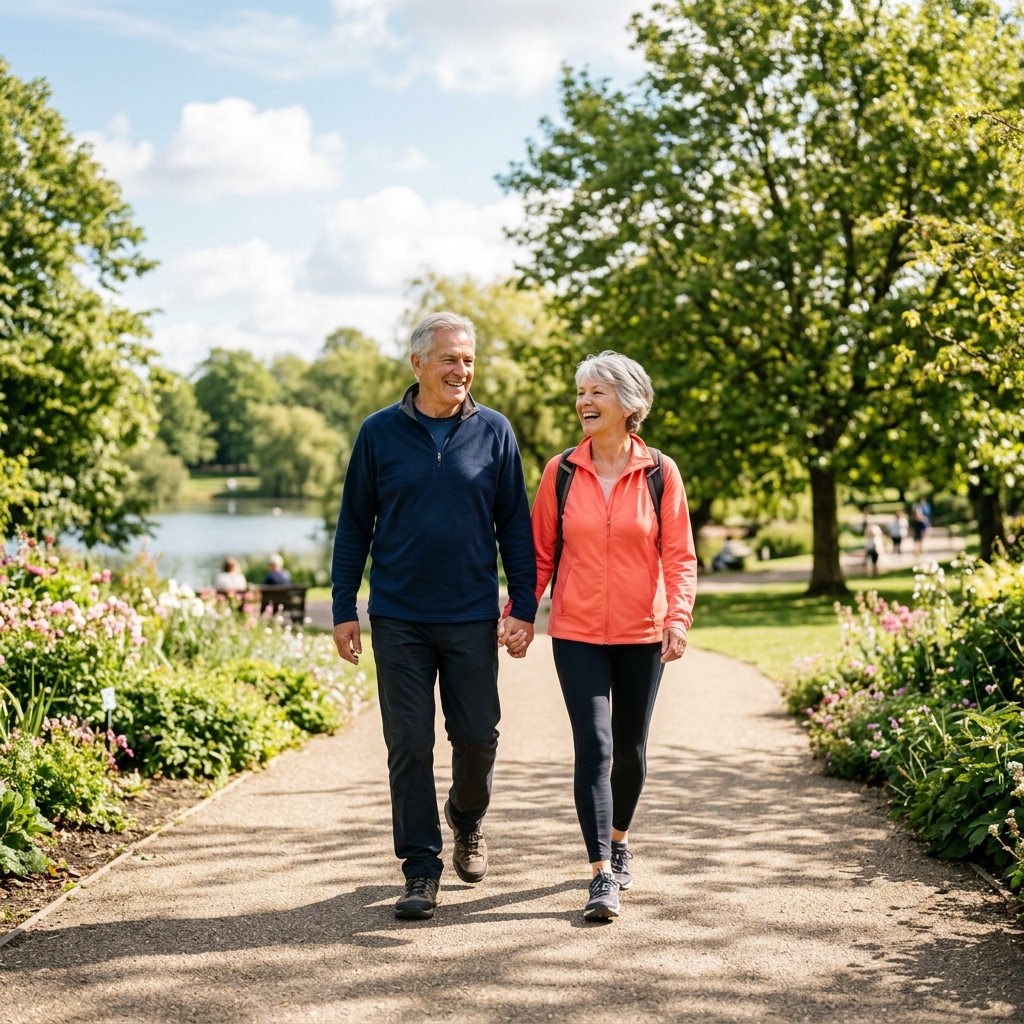 Active senior couple walking outdoors