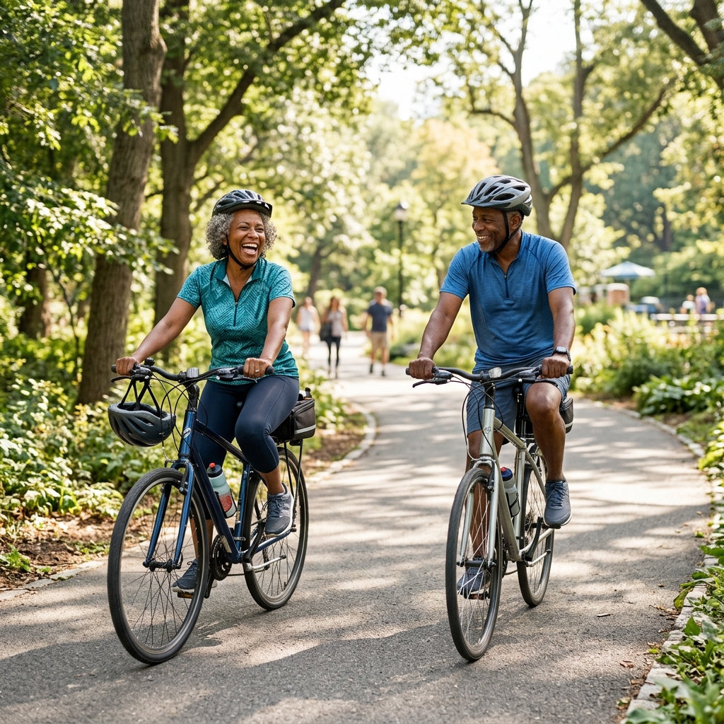 Joyful Black senior couple riding bicycles in a sunny park
