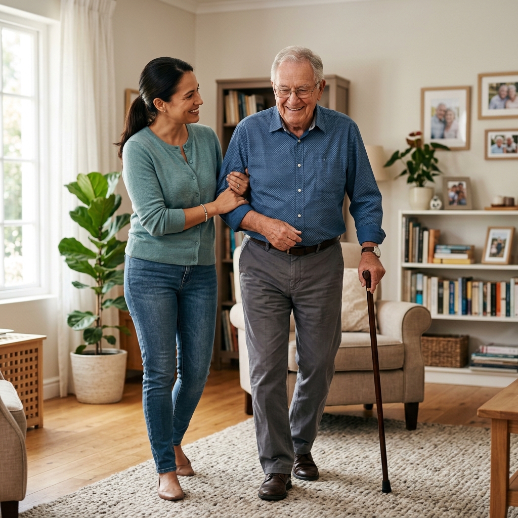 Caregiver helping senior man walk at home