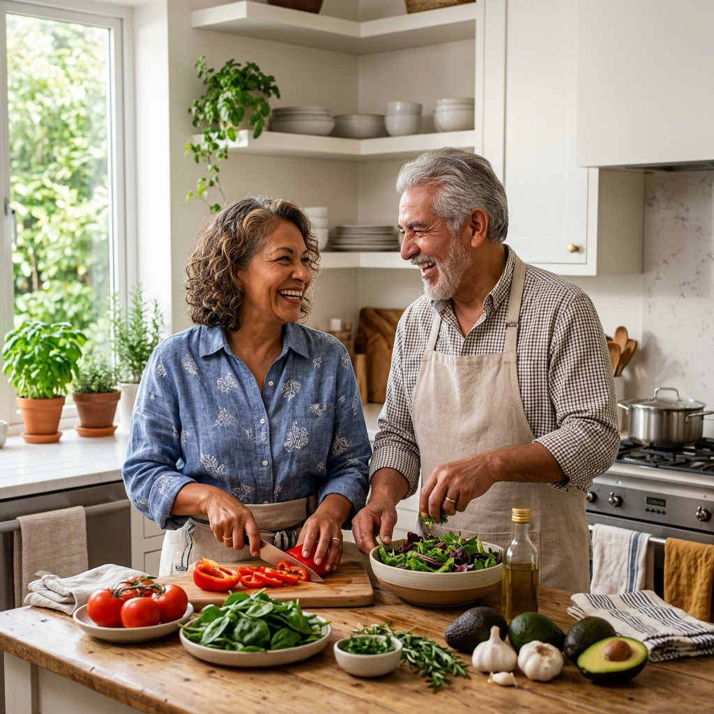Latino senior couple cooking healthy meal